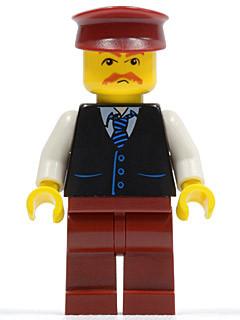 LEGO Minifigure-Black Vest with Blue Striped Tie, Dark Red Legs, White Arms, Dark Red Hat, Moustache-Town / City-TWN068-Creative Brick Builders